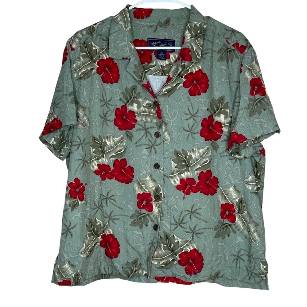 Island Traders VTG Women's XL Sage Green Red Hibiscus Tropical Rayon Camp Shirt